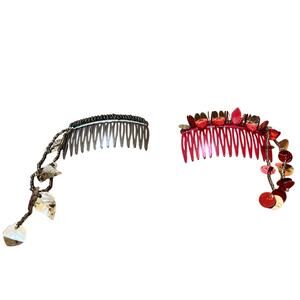 Vintage Hair Combs Y2K 1990's Plastic Beaded Topper Dangle Red Gold‎ Tone Leaves